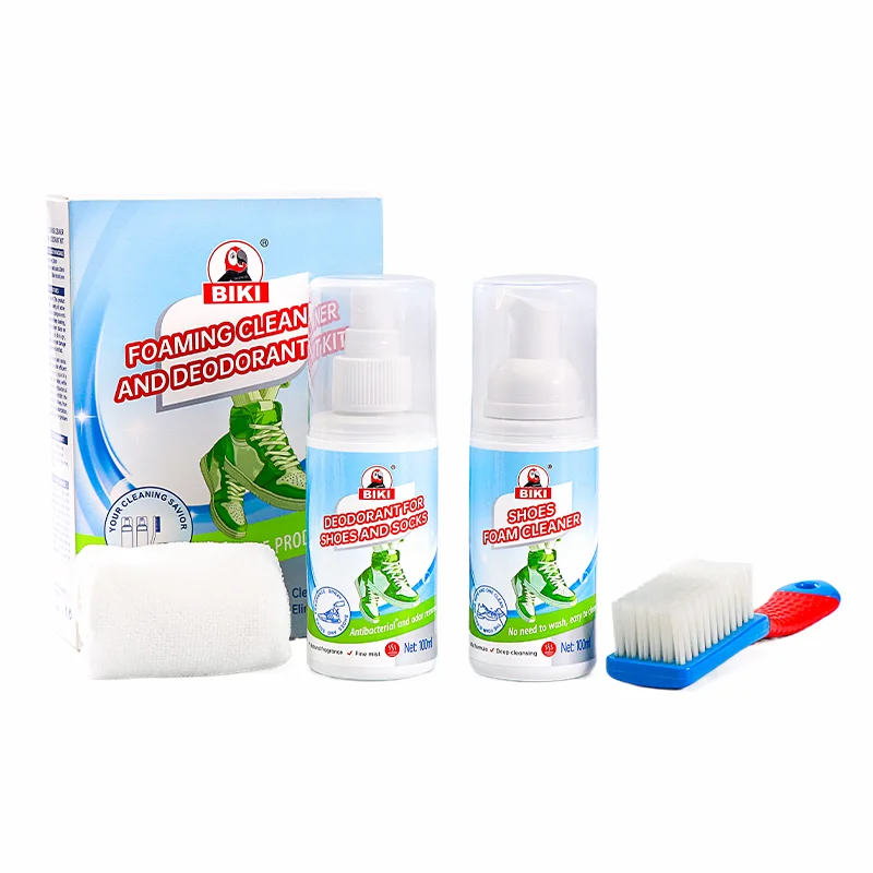 BIKI Foaming Cleaner and Deodorant Kit BK2236 includes foam cleaner, deodorizing spray, cleaning brush, towel, and packaging box, providing a complete sneaker cleaning and odor control solution for footwear brands and wholesalers.